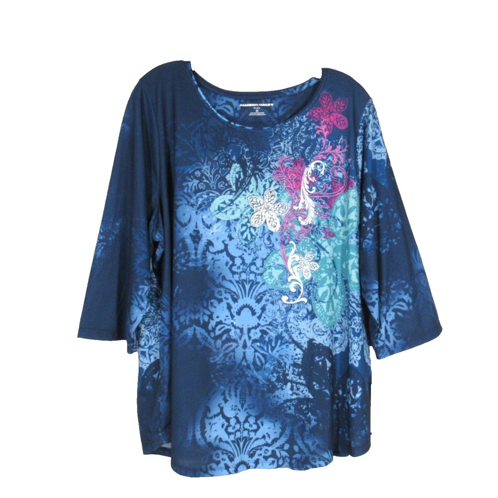 NWT ALLISON DALEY PLUS Slub Knit FLORAL RHINESTONE 3/4 Sleeves BLOUSE/TOP Sz 2X